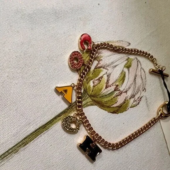 NWT COACH Pavé Crystal Enamel Logo Charm Signature Letters Bracelet Gold #TSBR - Picture 6 of 8